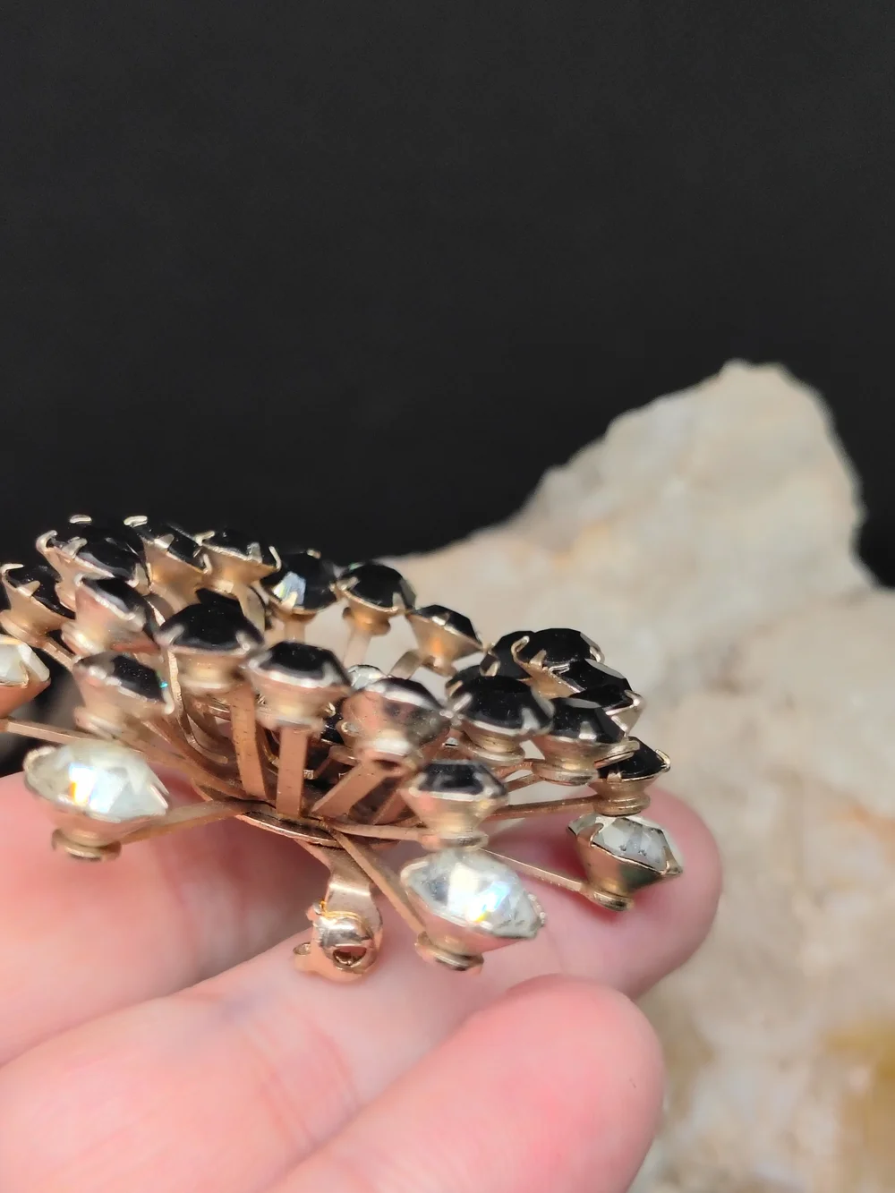 Vintage Sunburst Black and Gold Rhinestone Brooch - Unbranded